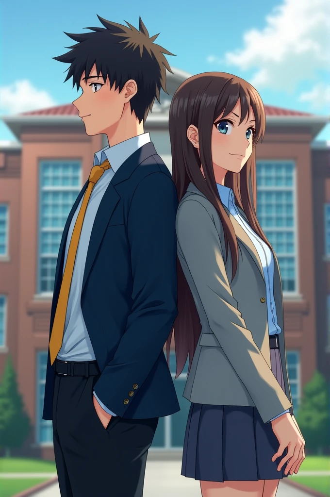 two high school students standing straight in front of the school building, they stand back to back. the male is wearing a white shirt and a dark blue blazer, a gold tie, black pants. the female is wearing a light blue shirt, a light gray blazer, a dark gray skirt. (the background is bigger than the person)