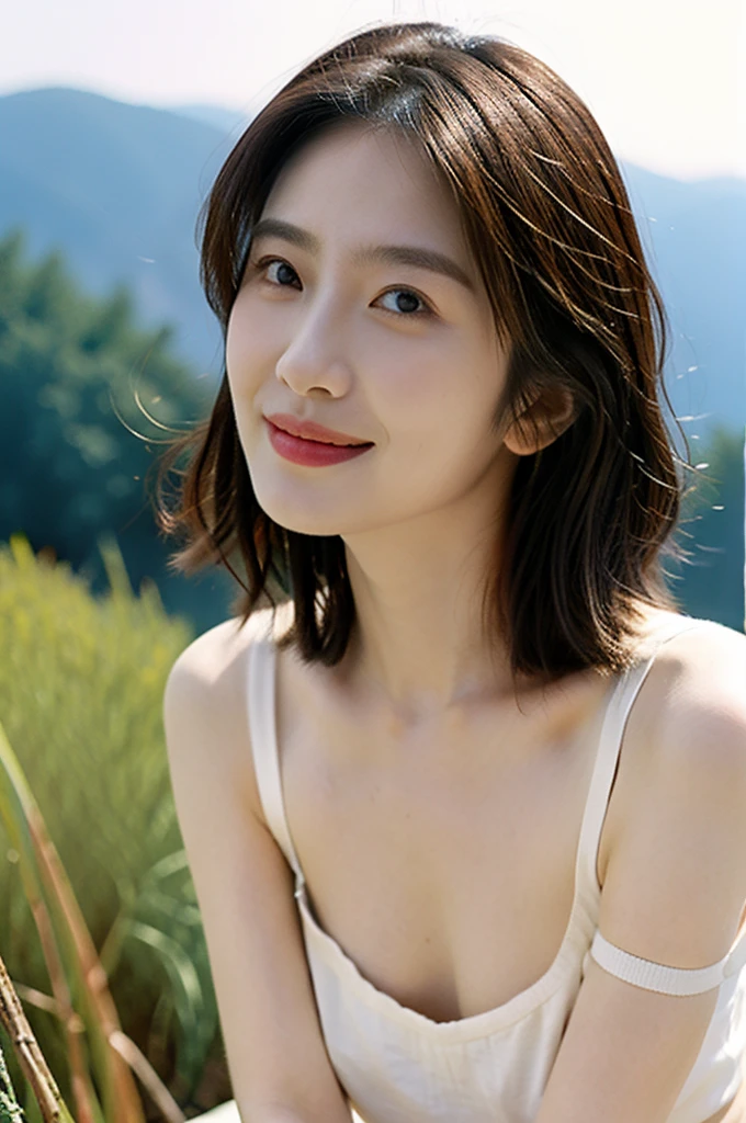 realistic, Best quality at best, ultra - detail, Beautiful women, Selfies, Upper body, alone, bra and panties, Outdoor activities, (night), mountain view, Essence of real life, As estrelas, moon, (smile charming、Brunette、、cheerfulness, Happy), beanie, flash lights, in the forest, giant rocks, flood, wood, smoke, Foggy passage, Clear sky, analog style, looking at the viewer, skin texture, film grain , close-up cleavage, Ultra-high resolution, Best shadows, raw, Instagram lookup table