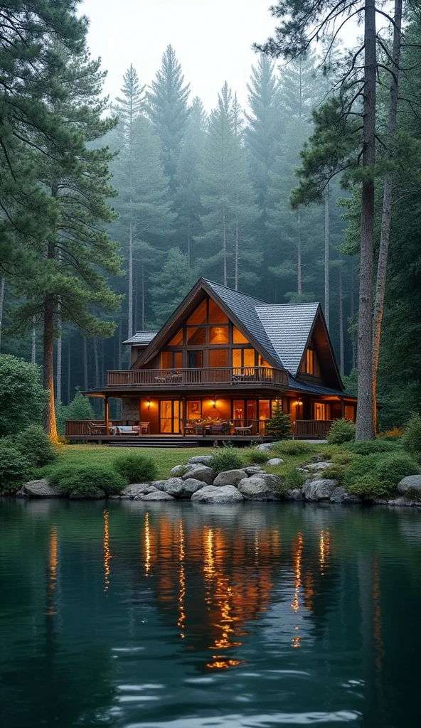 "A luxury lakeside lodge with a private dock, surrounded by dense forest and only accessible by boat or a hidden road. The lodge is spacious, with multiple bedrooms, a fully stocked kitchen, and a grand living room with a fireplace. It features solar power, a water filtration system, and a large pantry filled with essentials. The lodge is designed for long-term comfort, with spaces for hobbies, exercise, and relaxation."