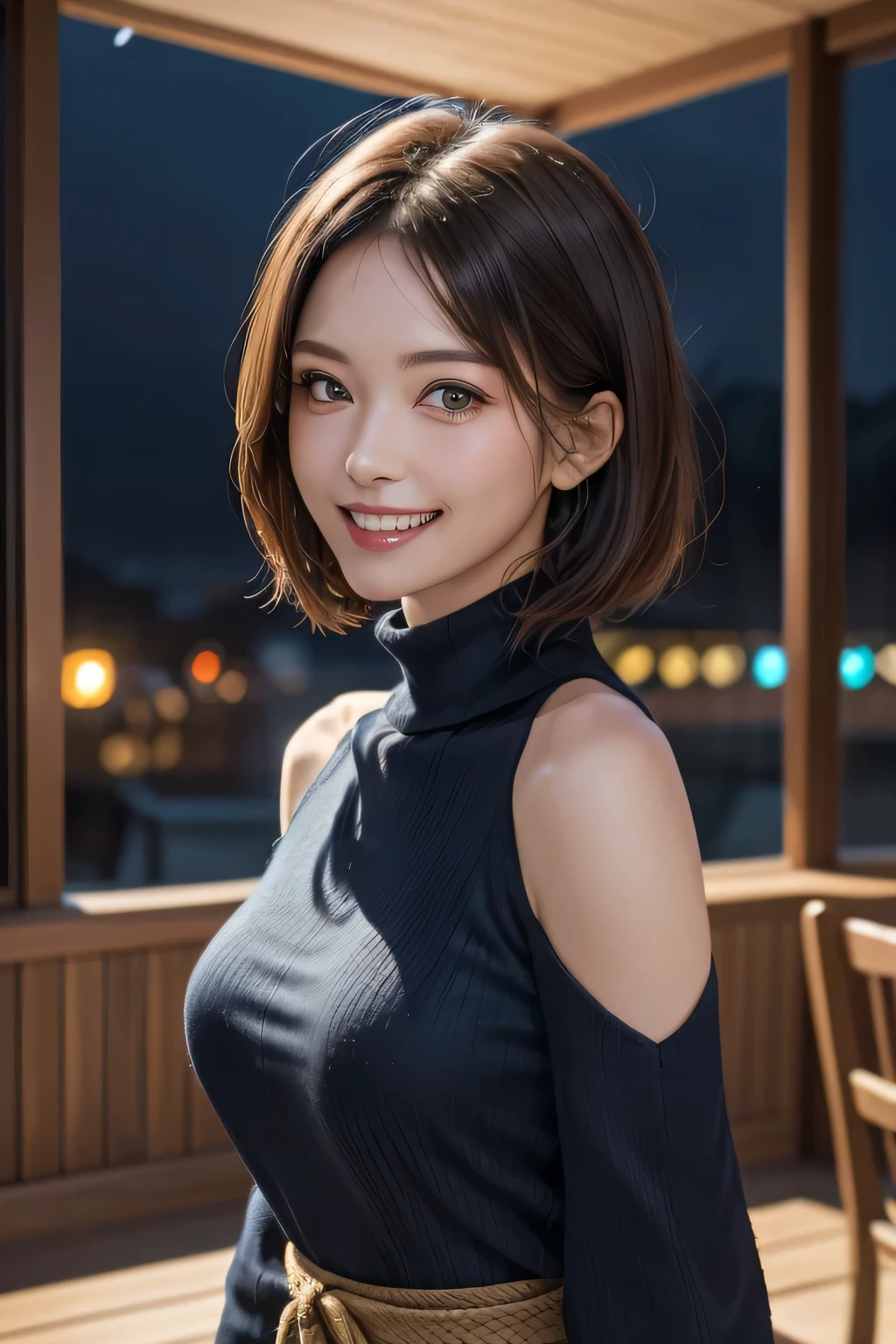 (highest quality, 8k, 32K, masterpiece), (Realistic), (Realistic:1.2), (High resolution), (night:1.7), Japan, cyber punk, 街の景Farbe, In front of the window,Wooden floor, Blue jacket, Grey Shirt, clavicle, jewelry, gem, Brunette Bob, 1 female, 4, (Grin), Beautiful body, beautifulNose, beautifulcharacter design, Perfect Eyes, perfectface, Expressive eyes, View your audience, Center the image, (Cowboy Shot), Official Art, Very detailed CG Unity 8k wallpaper, Perfect lighting,Farbeful, bright_front_face_Lighting,Glowing Skin, (masterpiece:1.0),(Highest_quality:1.0), 超High resolution,4K,Very detailed, photograph, 8k, High resolution, High resolution, absurdes:1.2, Kodak Port 400, Film Grain, Blurred Background, bokeh:1.2, Lens flare, (Vibrant_Farbe:1.2) (beautiful,chest), (beautiful_face:1.5),(narrow_Waist)