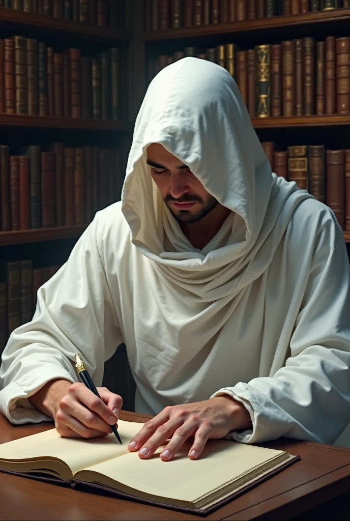Make a man in white clothes, with only his eyes showing, writing in his library with a quill in his hand.