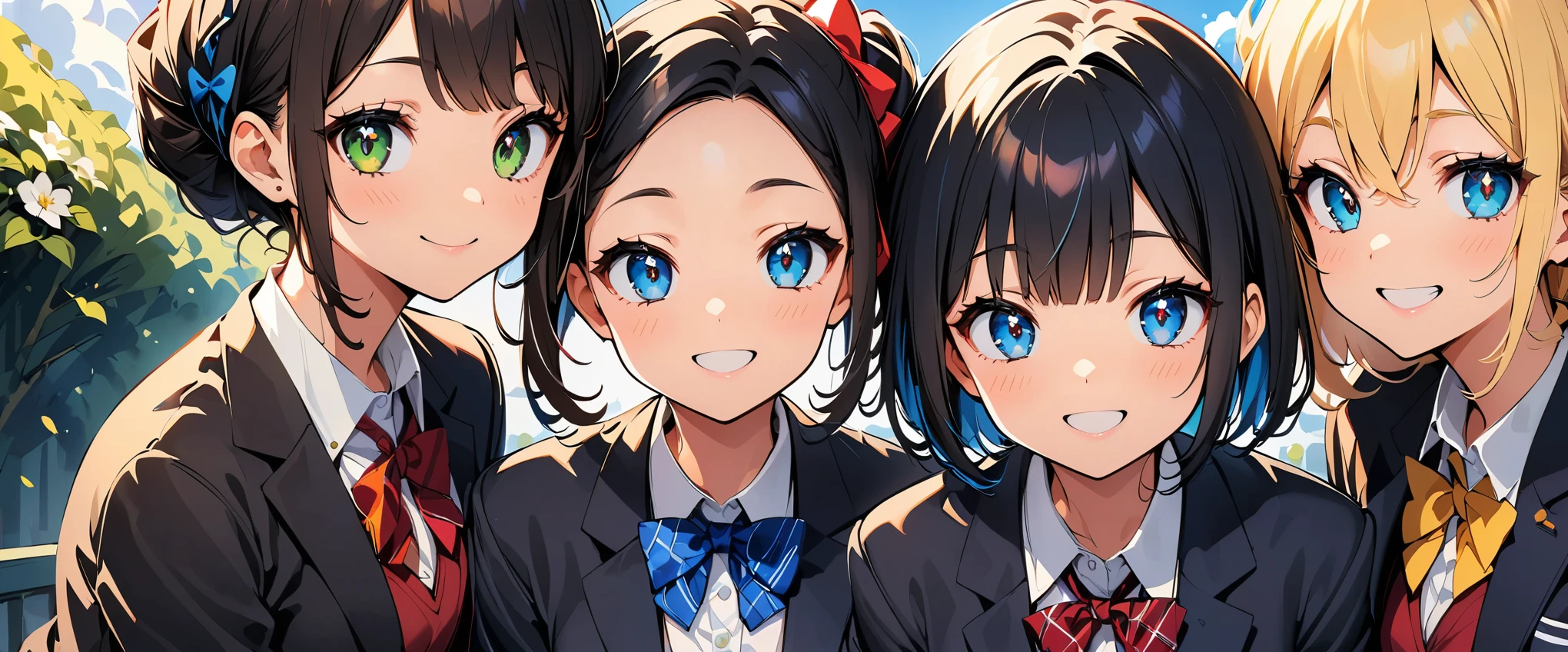 (Highest quality:1.2, Very detailed, Beautiful illustrations, Ultra-high resolution, High Contrast, masterpiece:1.2, Best aesthetics), (((4 people, beautiful girl))), super beautiful, 4 peopleの女子校生, (Beautiful eyes, Sparkling Eyes, Long eyelashes), colorful, elegant, Portraiture, high school girl, blazer, A memorable group photo, got in line, Cute pose, 明るいcolorの服, Beautiful attention to detail, color々Hair style, Fun Expressions, Sunny outdoor scenery, Blooming Flowers, green, Soft natural light, Bright smile, Friendship, Carefree atmosphere, Pleasant memories。