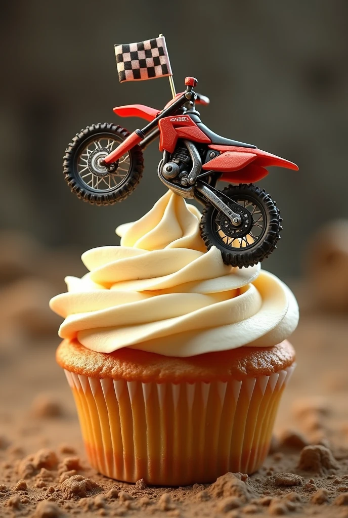 Cream cupcake with motocross accessories