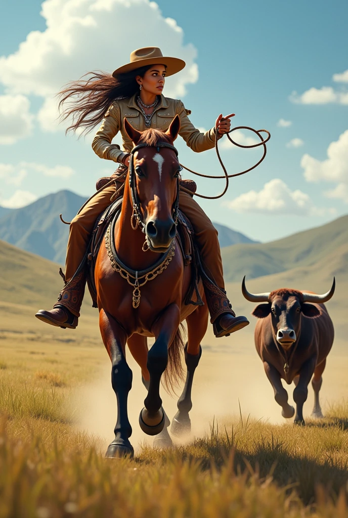 Brazilian woman wearing men's gaucho bombachas and boots and riding a Creole horse, running and throwing the lasso at the ox