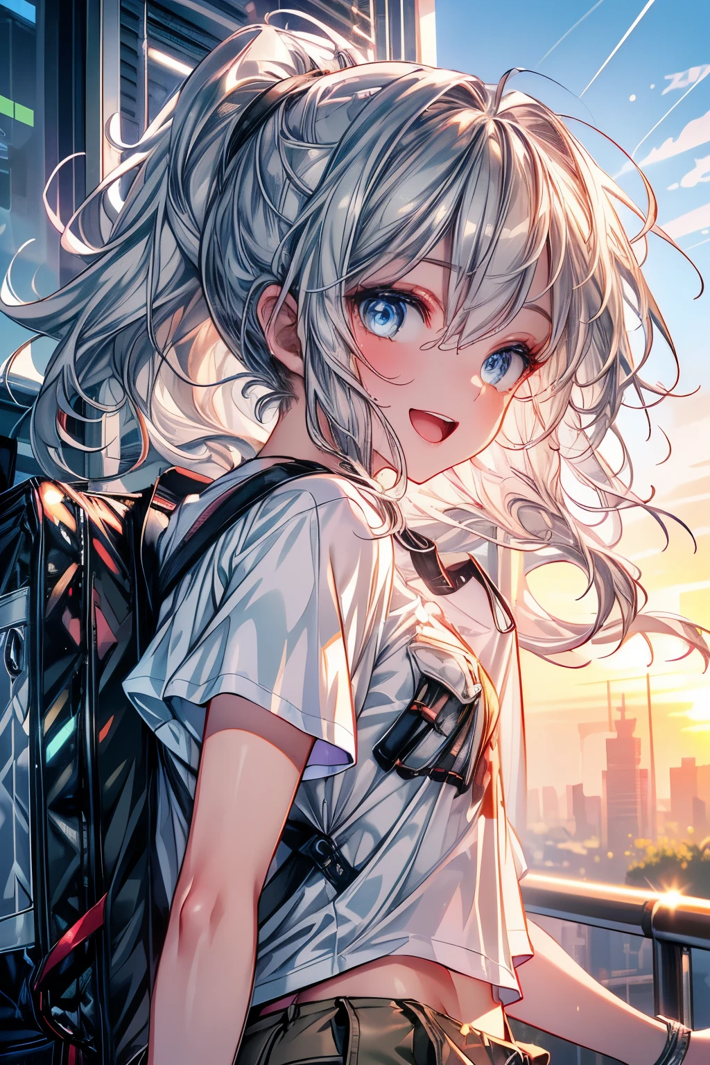 (Best quality,4K,8K,High resolution,Masterpiece:1.2),Super detailed,(Actual, Realistic),highly detailed, top quality, soft skin,Portrait,
break,
((clear blue eyes:1.2)),smiling eyes,beautiful eyelashes,beautiful lower eyelashes,
break,
((Beautiful and shiny silver hair:1.3)),A dazzling smile, a bursting smile, an open mouth laugh,ponytail,
break,
very happily,
break,
((T-shirt,cargo pants:1.3)),Backpack,
break,
((Dynamic feeling:1.3)),In the town at sunrise,((bust shot)),zoom in