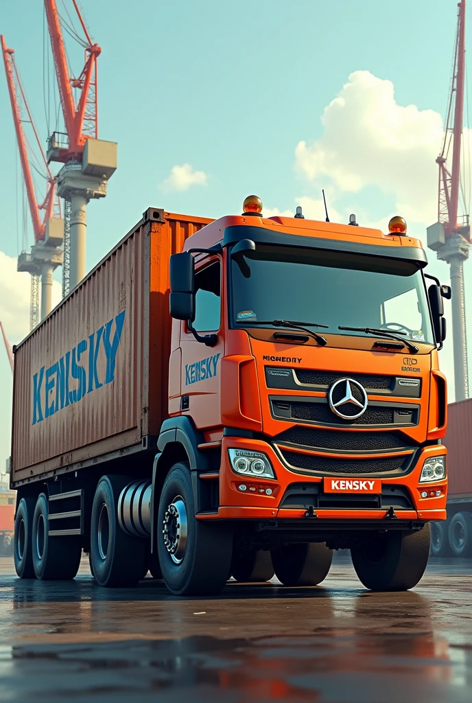A container truck with Kensky written on it in large letters