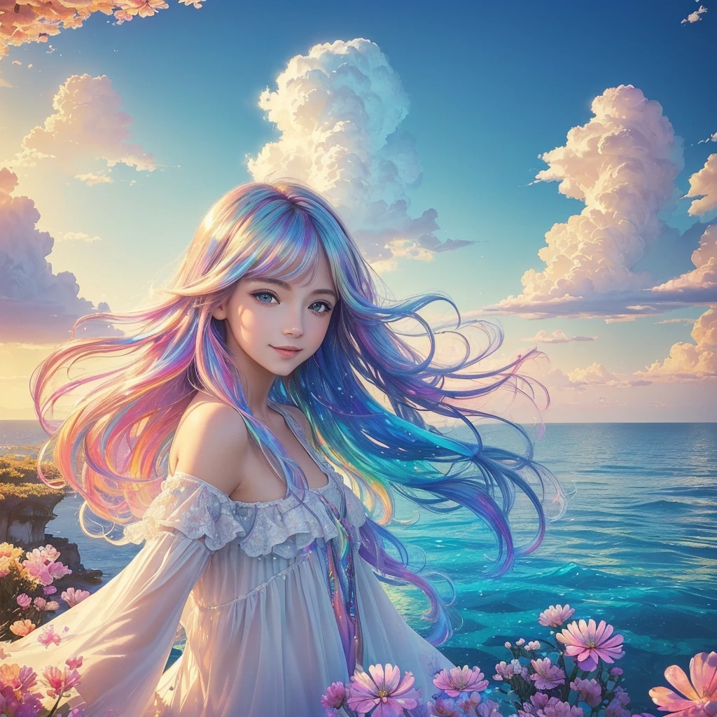 (work of art, Maximum quality, best qualityer, water colour (average), offcial art, beautiful and aesthetic: 1.2), (1 girl: 1.3), (Fractal Art: 1.3), morning, Good morning, ssmile, Sunnyday, happy, look viewer, Standard, Nikke, (iridescent hair, colorfully Hair: 1.2), sky, gas, clouds, colorfully, soap bubbles