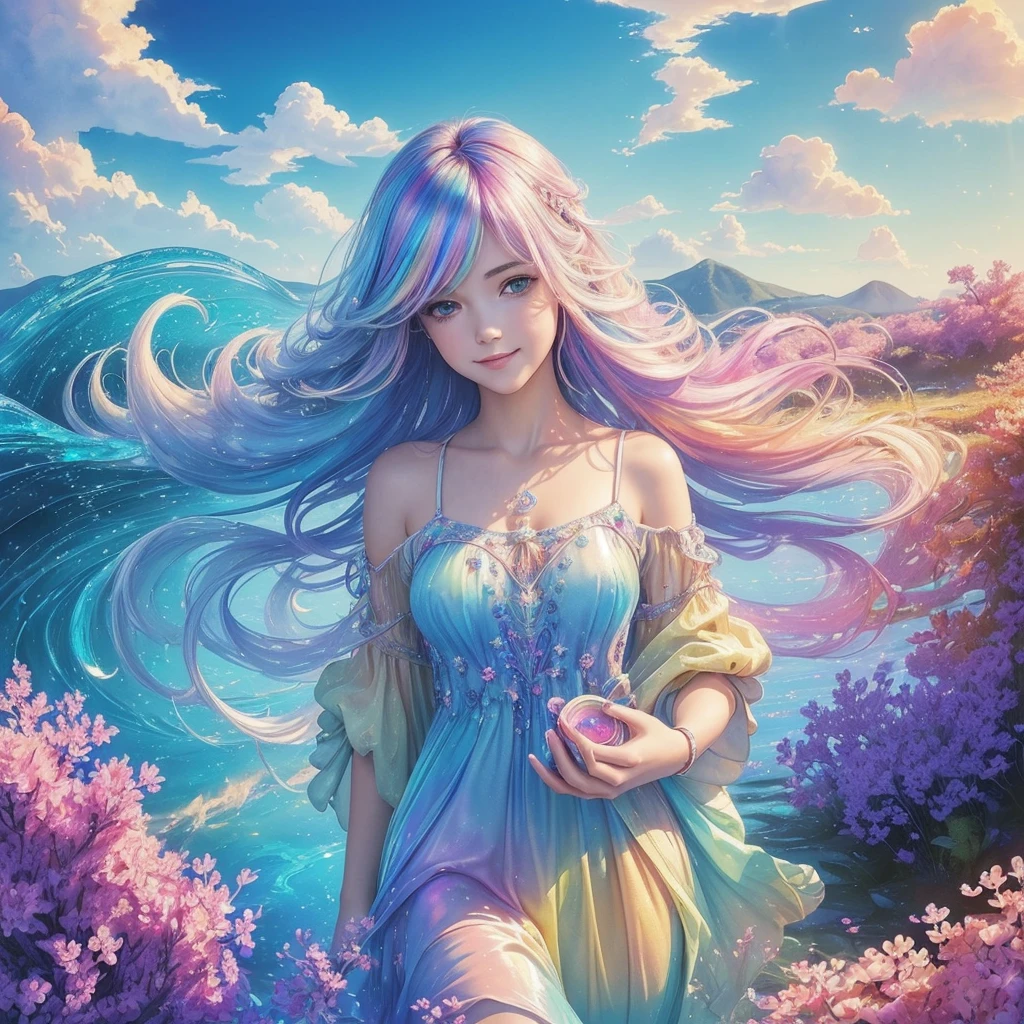 (work of art, Maximum quality, best qualityer, water colour (average), offcial art, beautiful and aesthetic: 1.2), (1 girl: 1.3), (Fractal Art: 1.3), morning, Good morning, ssmile, Sunnyday, happy, look viewer, Standard, Nikke, (iridescent hair, colorfully Hair: 1.2), sky, gas, clouds, colorfully, soap bubbles