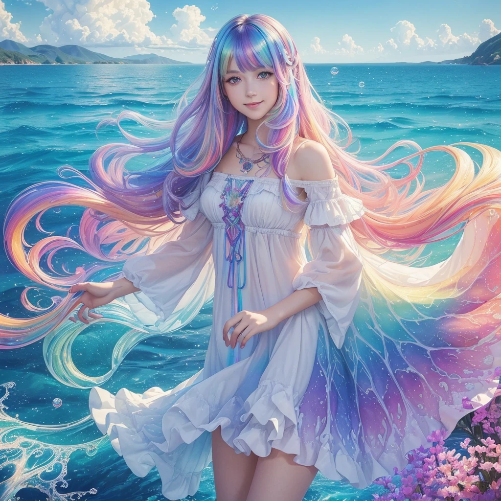 (work of art, Maximum quality, best qualityer, water colour (average), offcial art, beautiful and aesthetic: 1.2), (1 girl: 1.3), (Fractal Art: 1.3), morning, Good morning, ssmile, Sunnyday, happy, look viewer, Standard, Nikke, (iridescent hair, colorfully Hair: 1.2), sky, gas, clouds, colorfully, soap bubbles