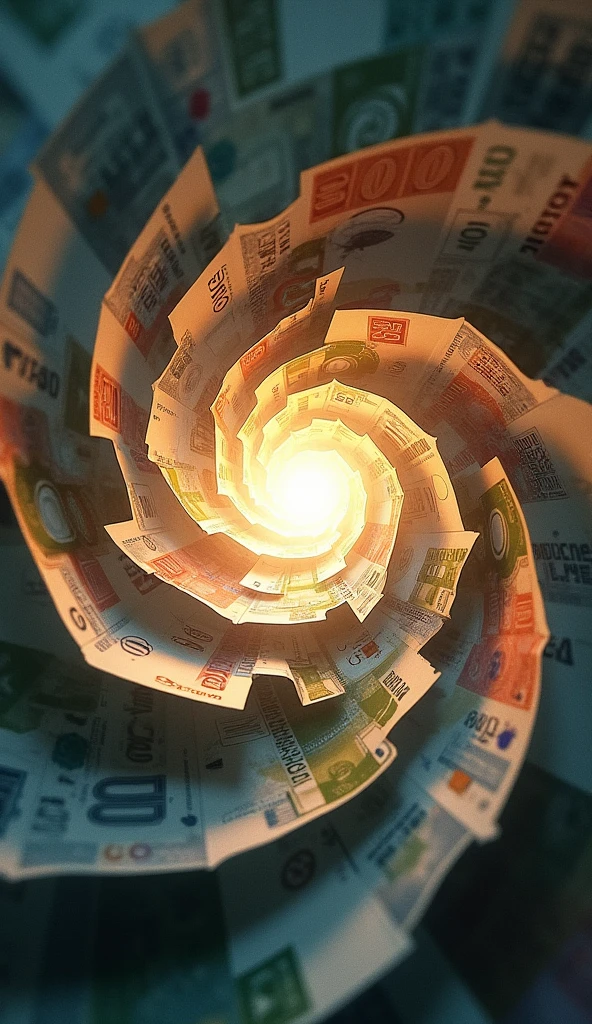 Spiral with many banknotes, light at the end of the spiral, ((PICTURE REALISTIC)), 