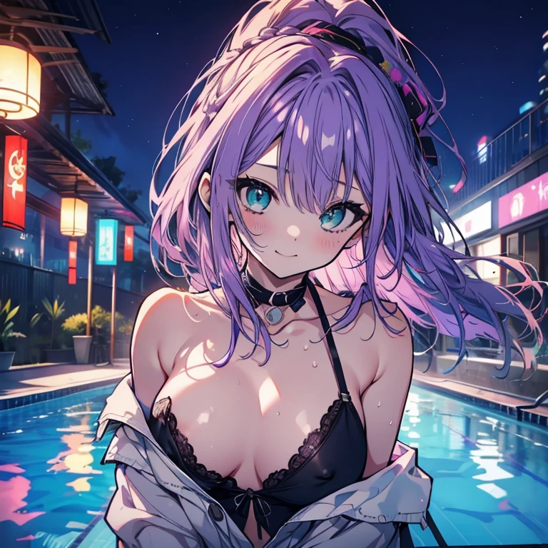1 person、、Ample breastHair、Purple Hair、ponytail、Braid、Emerald green eyes、choker、上半身naked、naked、Nipplesing tombarrassing、Blushing、Sweat、Night Pool、night、outside、night景、むき出しのNipples、smile、Excited、High resolution、Highest quality、