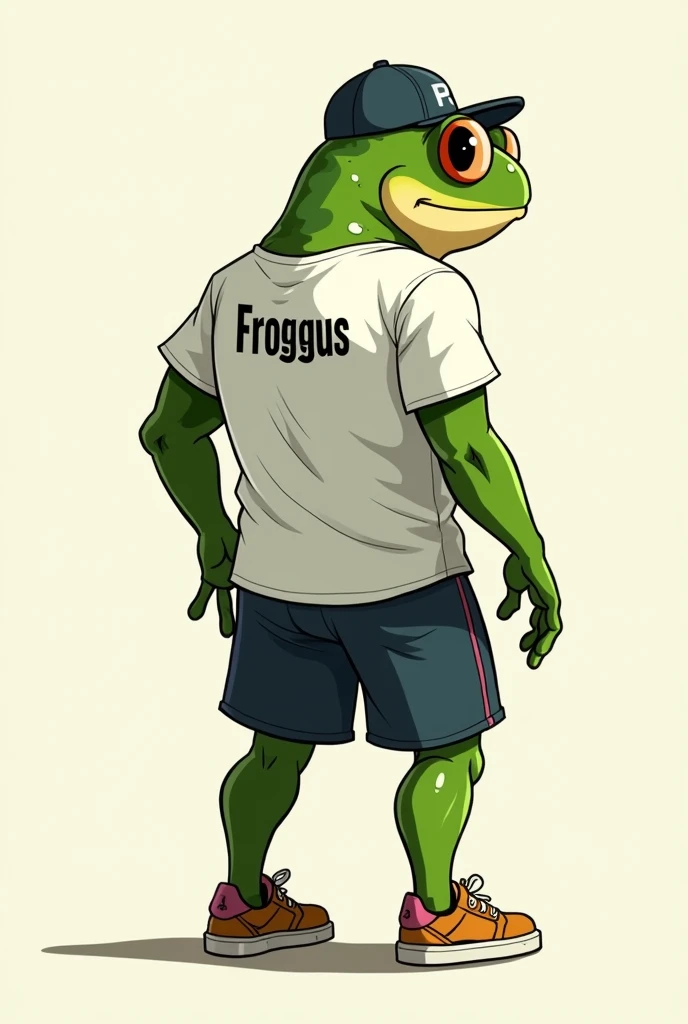 Human black frog from back looking back, with athletic body, meme style, wearing cap, Froggus t-shirt, shorts and sneakers