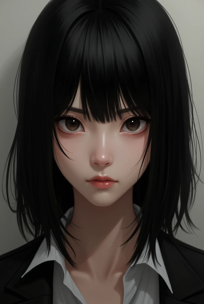 shoulder length hair and bangs above the eyebrows black color