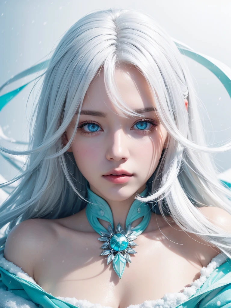 Highest quality， masterpiece， White Hair， Cyan eyes， ，White、， Realist, Floating Hair, the snow&#39;s,, Detailed face, winter, Green tree々, sunlight, Full Body, Detailed face, Adorable smile,Beautiful breasts,Beautiful feet