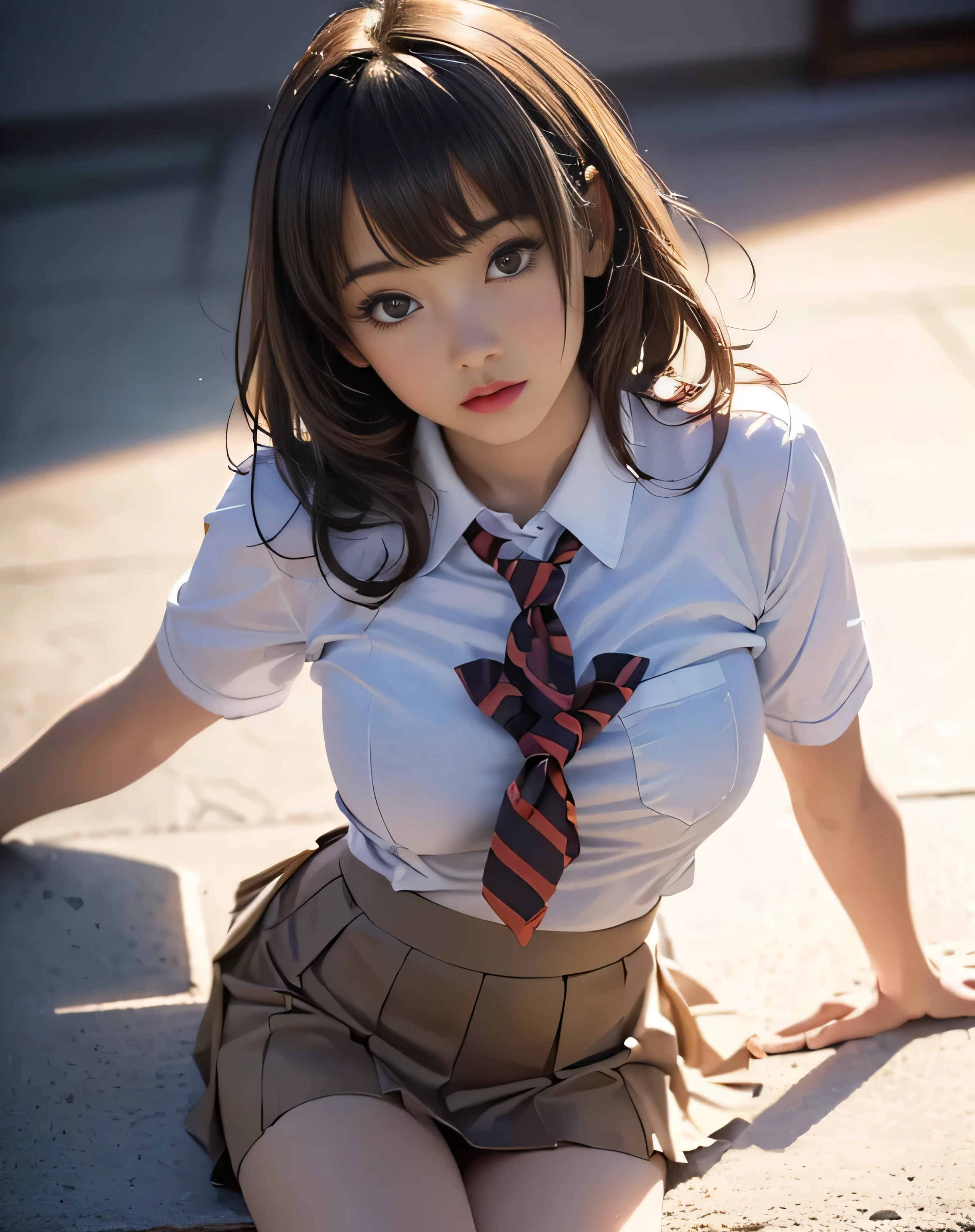 (photorealistic:1.6),(High resolution:1.6),(solo, one girl:1.5),(Cute  Girl:1.5),(Light brown Hair:1.3),(bangs bangs),(Pleat mini Skirt:1.5),(tight school uniform:1.4),(short sleeve),(looking at viewer:1.4),(Slender body:1.2),(Big Saggy Breasts:1.2),(eroticism),(lewdness),(sexy:1.2)