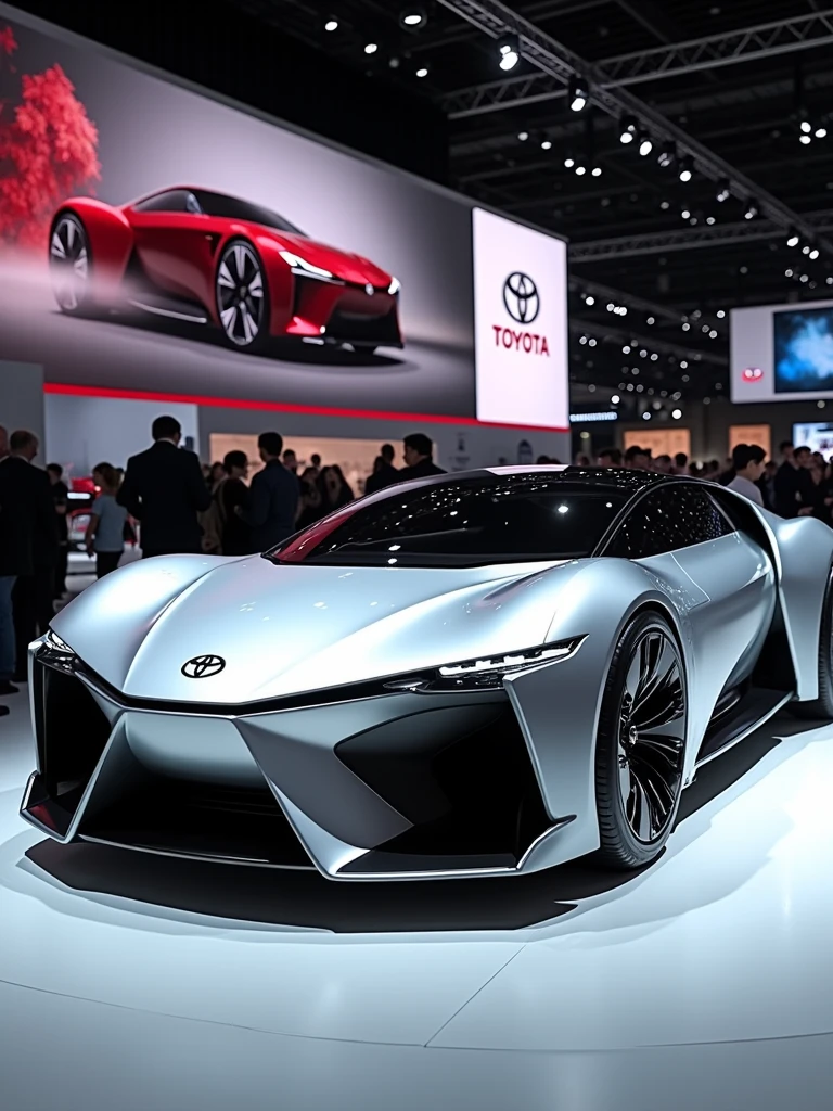 Toyota Real brand concept car in auto expo, include hyper realism, hd, 4k.