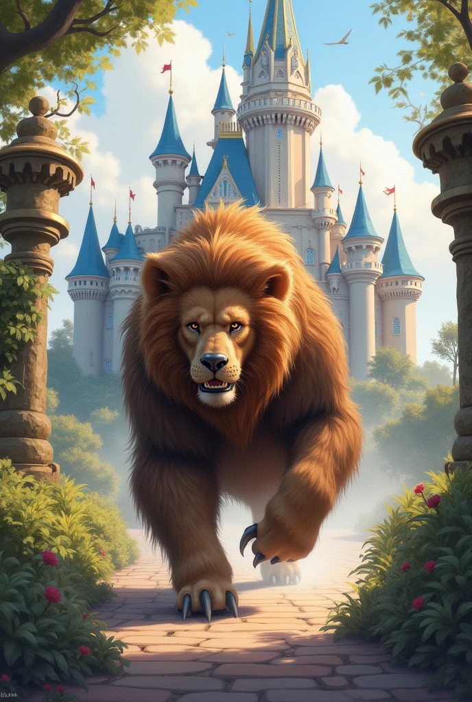 Has watercolor type,a beauty and the beast type beast roaming around his luxurious and classic disney type castle