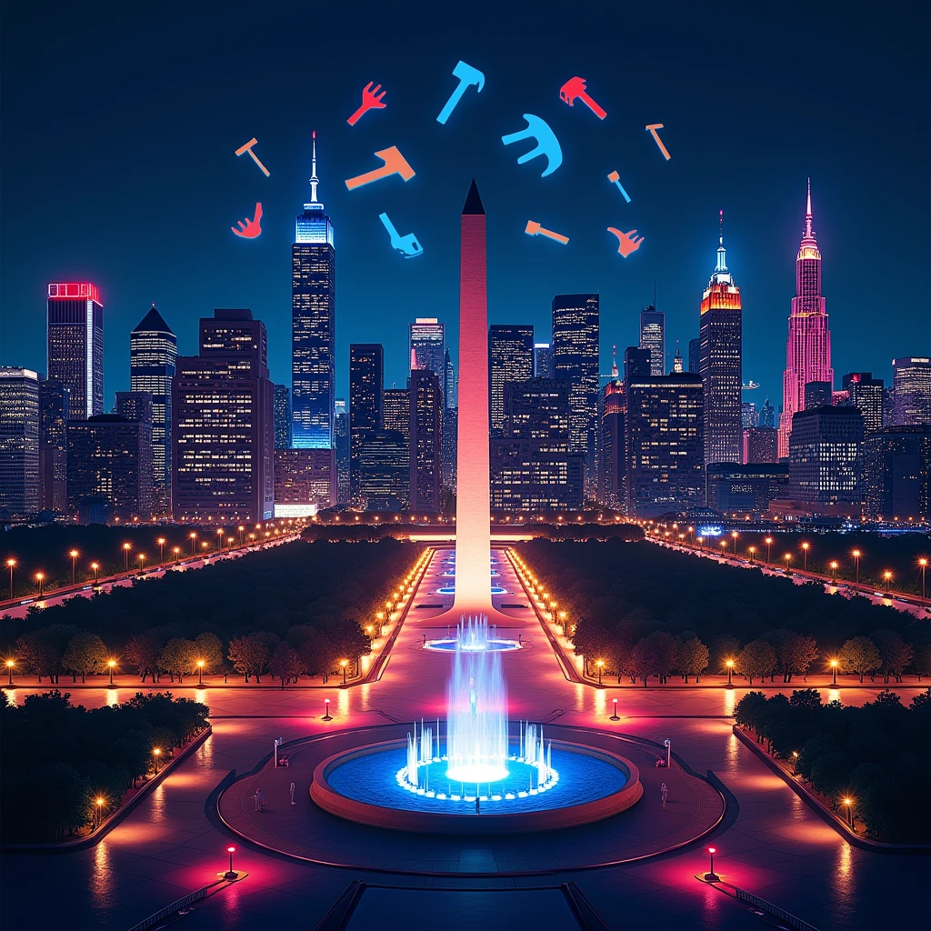 A night-time scene of a city lit up in honor of Labor Day, with monuments, buildings, and fountains illuminated in vibrant colors and workers’ tools projected as light patterns in the sky.