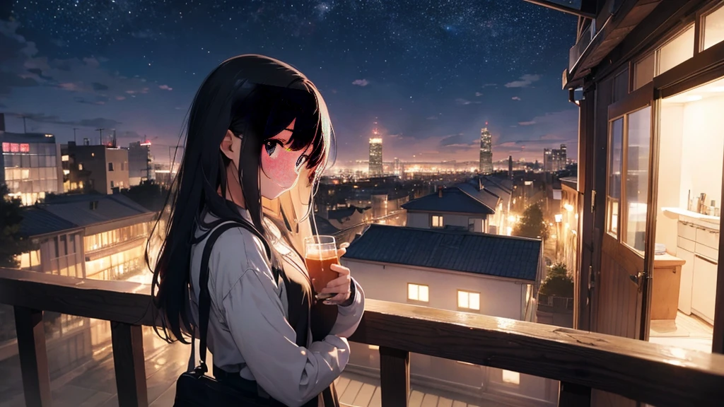 A long-haired girl standing on a balcony, gazing out at the city nightscape. The scene is set at night with a chill and bittersweet atmosphere, reminiscent of a Lofi music cover. The city below is illuminated with soft, glowing lights, creating a tranquil yet melancholic vibe. The girl is holding a warm drink in her hands, providing a small comfort against the cool night air. The art style is anime-inspired, capturing a moment of quiet reflection.
