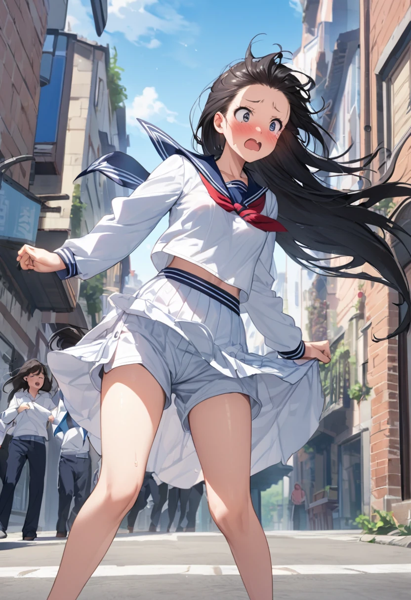 Front view、Black Hair、Forehead、Sailor suit、semi long hair、Blushing、out door street、Blue sky、beautiful breasts、good style、blush、panic、
good balance between body and face size、small face、
The wind blows away the skirt、White intricate shorts slightly exposed、
Trying desperately to prevent her skirt from flipping up、
try to Hold down the skirt、