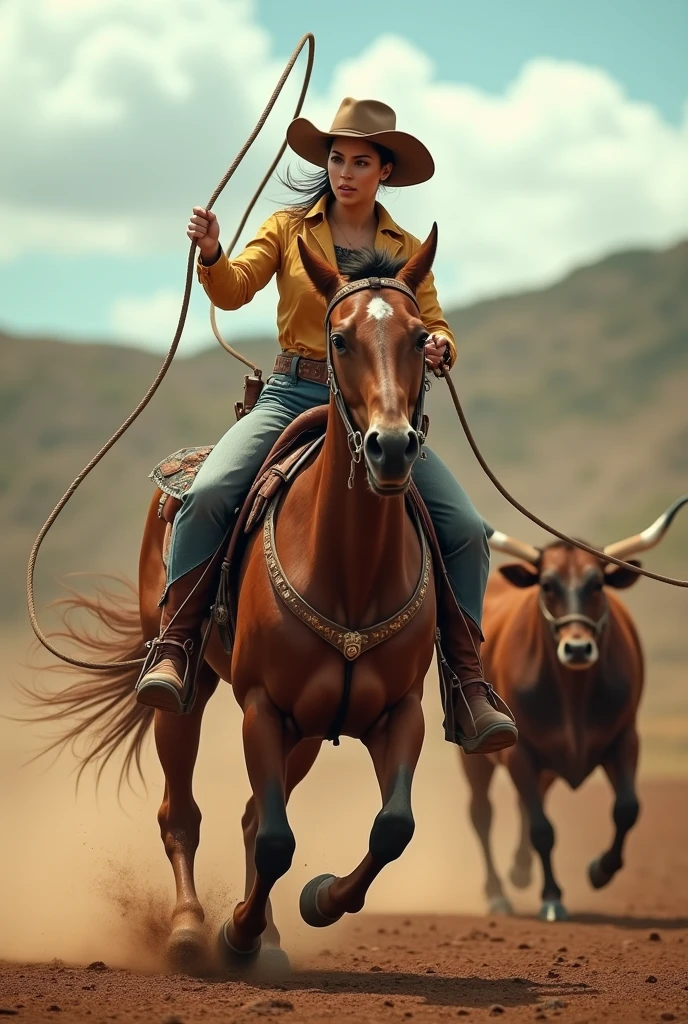 Brazilian woman wearing men's gaucho bombachas and boots and riding a Creole horse and running and throwing a lasso at the cow