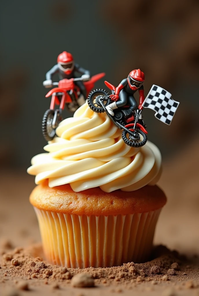 Cream cupcake with motocross accessories
