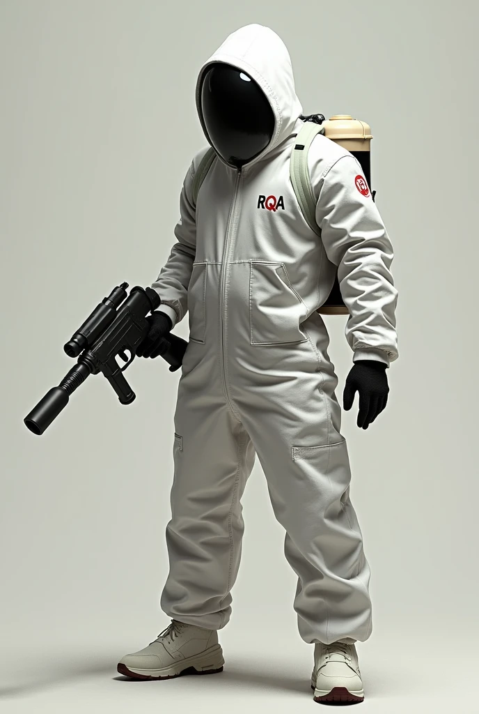 White Hazmate written RQA on it, holding a flamethrower