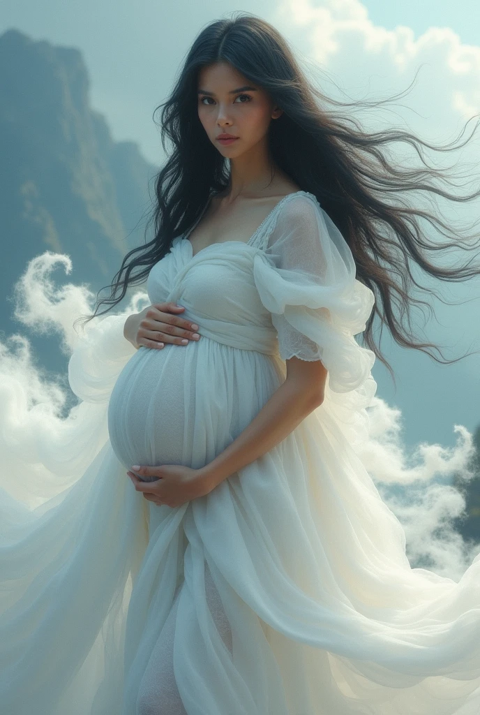 pregnant Woman frock created from clouds, black hair