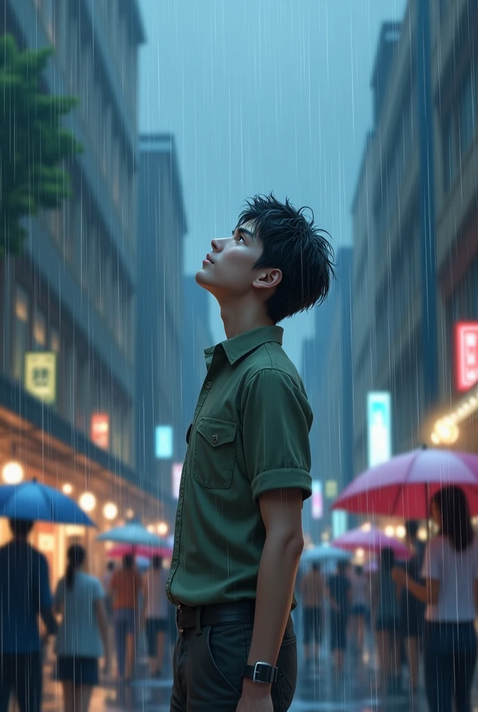 A men looking up the sky while too heavy raining in anime peoples with umbrella in background