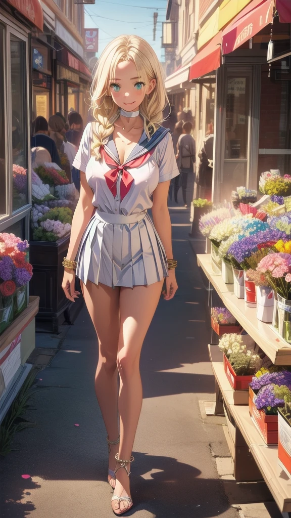 (landscape of daytime downtown shopping street:1.5),(beautiful flower shop :1.4),
BREAK
nsfw:1.6, body has two arms, two legs and one head, (Each hand and toe has five a thumb, index finger, middle finger, ring finger, and pinky finger.),Top quality:1.2, best quality:1.6, ultra high resolution, masterpiece:1.5 ,4K, 8K, 32K, detailed lighting, shaders, perfect anatomy, perfect proportions, highly detailed, ultra detailed, super detailed:1.2, perfect eyes, perfect face, very delicate and beautiful, illustration, sharp focus, very beautiful and detailed anime face, very detailed eyes, cute:1.4, impressionistic:1.2, blurred background, accurate depiction of arms and hands:1.4, accurate depiction of foot:1.4, Accurate human skeleton drawing:1.4, Anatomically correct human body:1.4,sexually attractive body:1.5,
BREAK
(Beautiful busty American woman about 20s:1.3),(blue-green eyes),(dark skin:1.3), (tan lines:0.5),(Perfect proportions: 1.6), (Small pink nipples:0),(full and beautiful breasts: 1.7), (well developed breasts: 1.7), (Thin waist: 1.2), (Slender figure: 1.2), (beautiful buttocks:1.1),(Neatly trimmed pubic hair:0),(natural breast:0.7),
BREAK
(Beautiful blonde hair: 1.6),(single braid :1.6),(Bangs swept to the side, showing forehead: 1.5),
BREAK
(Calm smile:1.5),(happy eyebrows:0.4),(embarrassed:0.5), (pink lipstick),(profile:0.3),(looking away:1.2),
BREAK
(Naked:0),(shiny skin:1.5),(White choker:1.6) ,(necklace, bracelet, anklet: 1.3),( very realistic depiction of skin texture:0.8),(realistic nipples texture:0),(breasts and nipples not covered:0),(naval peek1.2),
BREAK
( Shopping at the downtown street:1.3),(from front:0.7), (bust up shot:1.6),(panties pull:0),
BREAK
(Gray short-sleeved sailor suit1.6),(sailor suit lift to show breasts:0),(gray pleated middle length skirt:1.3), (lift skirt:0.6)
