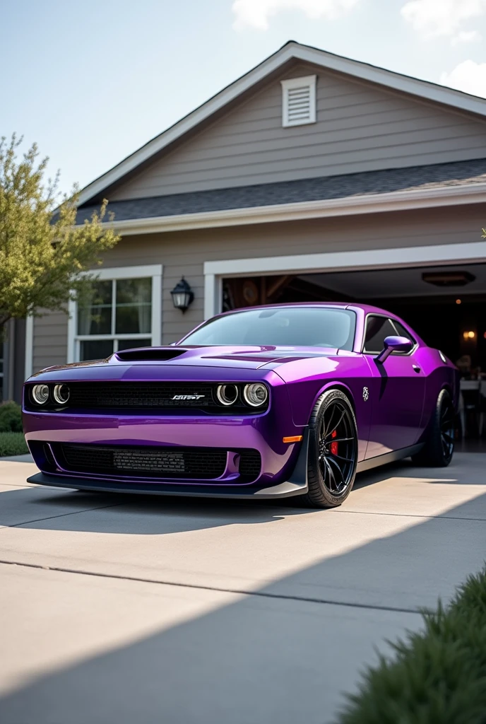 A purple hellcat with black rims in a driveway realistic