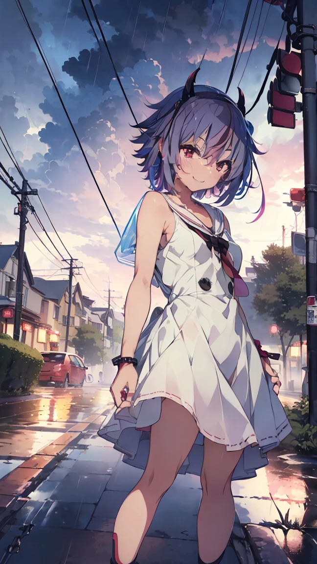 masterpiece, Highest quality, High resolution, Very detailed,(((Mikoto Naruka))), (((smile)))、(((Standing in the distance))), (((Bus stop in the background))), (((thunderstorm))), (((Rain Clouds))), (((puddle))), , (((Wearing a white dress。))), (((Multicolored Hair))), (((horn))), (((Pink Eyes)))