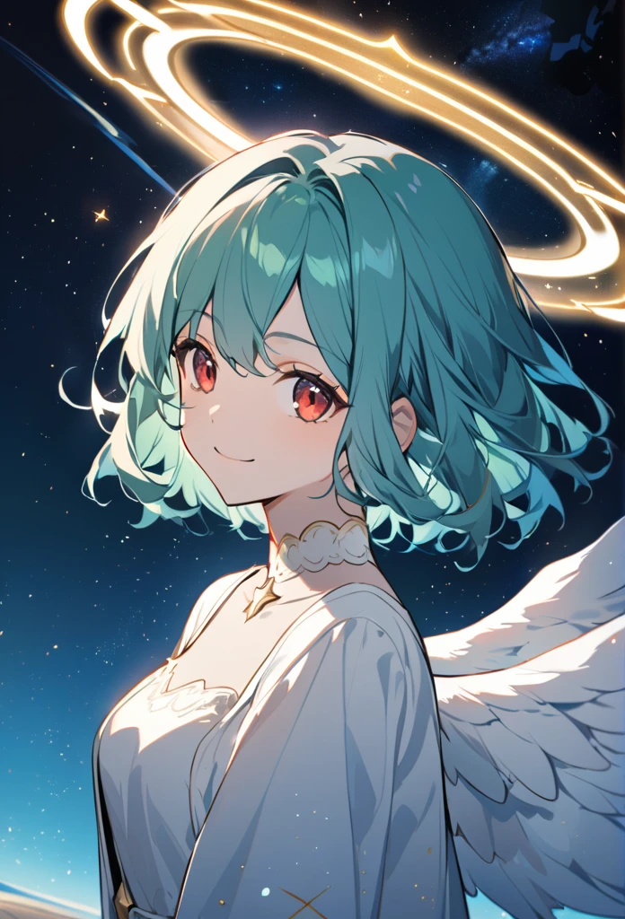 a woman, teal hair, red eyes, smile, angel wings, golden halo, white dress, standing upright, in outer space, Milky Way in the background, stars in the distance, upper body