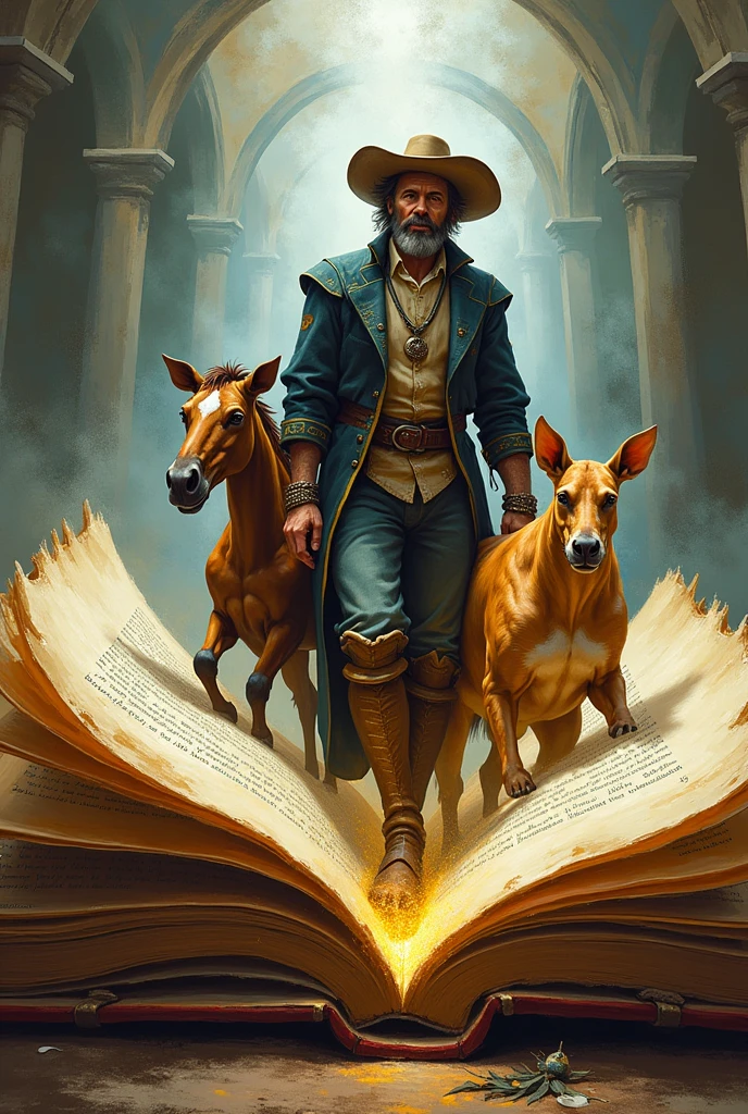 Create an image of Don Quixote, Sancho and Dulcinea emerging from a book could be picsar style
