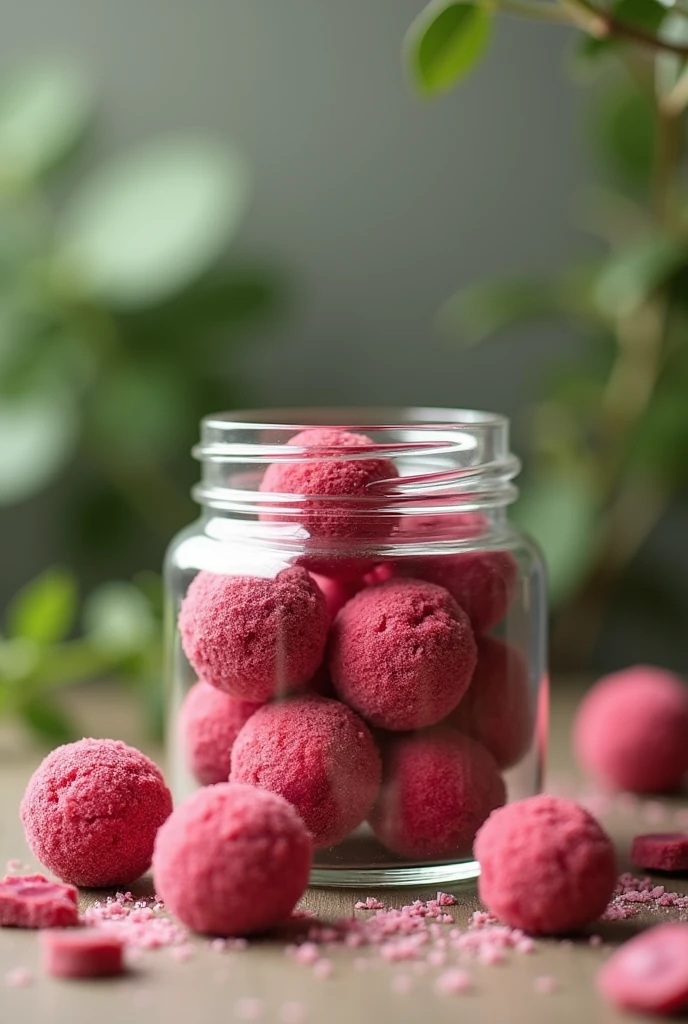 create an image of a nutritional product, It is a pre-workout made from natural products, Among them: grape flour, ginger powder, guarana powder, beet powder and gelatin to give shape and color. Its shape will be in rubber with rounded shapes., in a packed jar