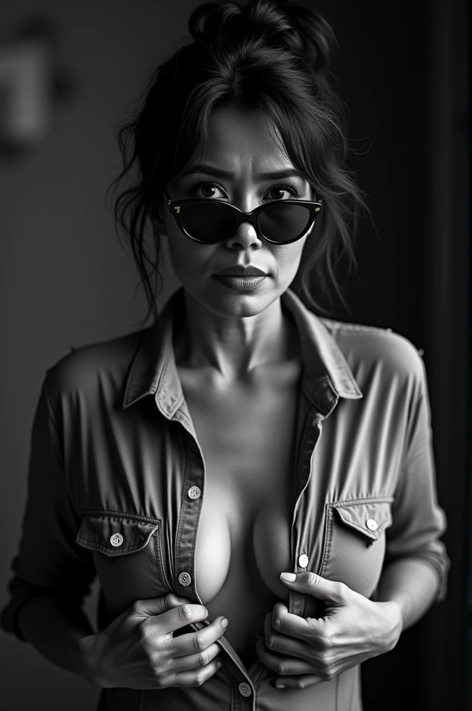 Create a black and white image of a 45 year old Indonesian woman, wearing a shirt with the buttons open, he wears sunglasses, her hair tied up looks messy, his hands while squeezing the breasts
