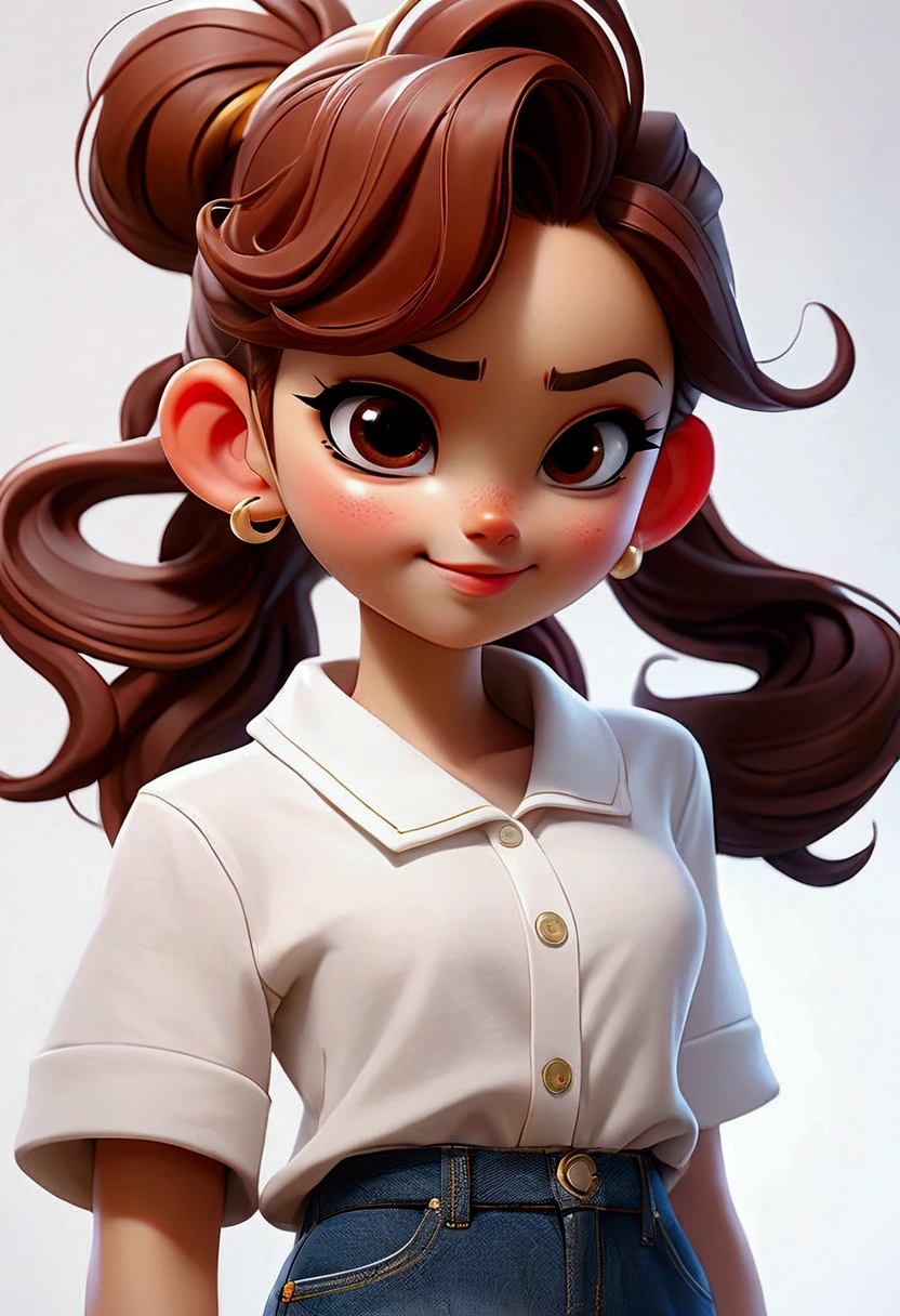 Cartoon full body、Background is white、Pop Surrealism、Realistic painting、Detailed anime soft face、cute漫画のキャラクター、Age: 、cute漫画スタイル、cute漫画、cute!Hairstyle: Ponytail、What a beautiful smile!、Camisole and jeans、Standing posture