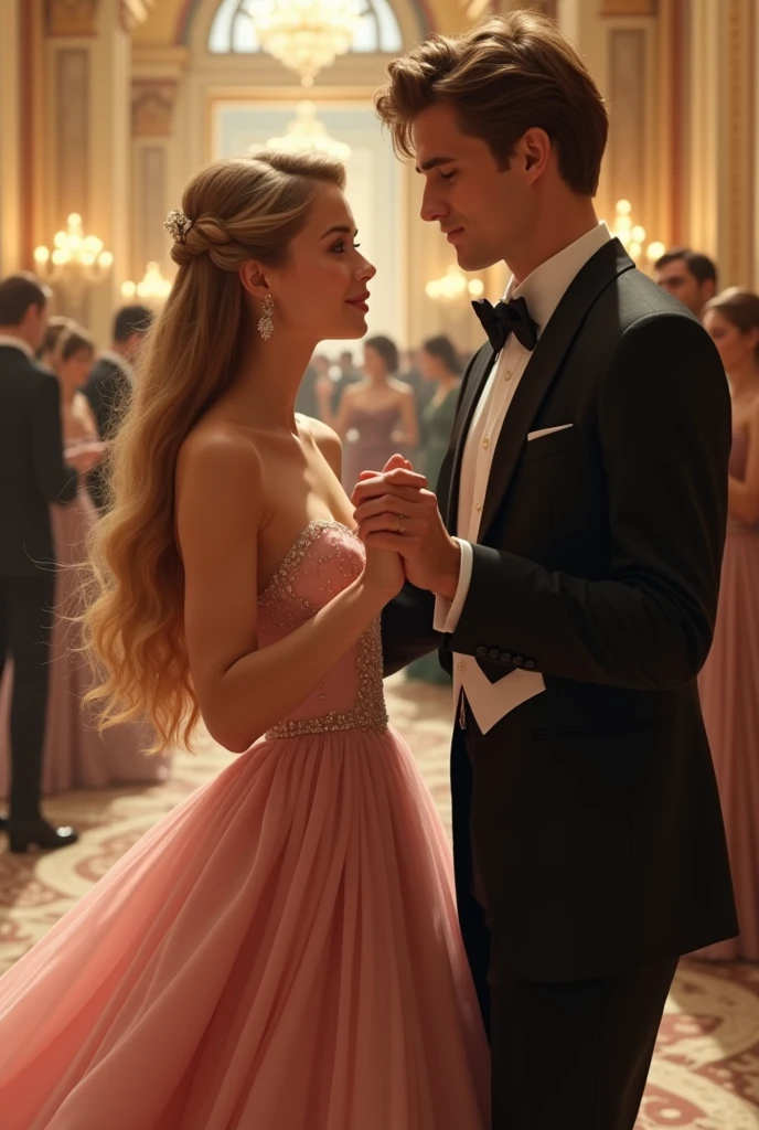 A realistic picture of a beautiful young girl of twenty years and a handsome young boy of twenty years dancing together hand in hand on a ball party. The girl has long blond straight hair and fair complexion. She is wearing a light pink ball gown. The gown has a thin strap on shoulder. She has hazel eyes. The boy is fair complexion and dark brown hair. He has brown eyes. He is wearing a black suit and has clean shaven face.