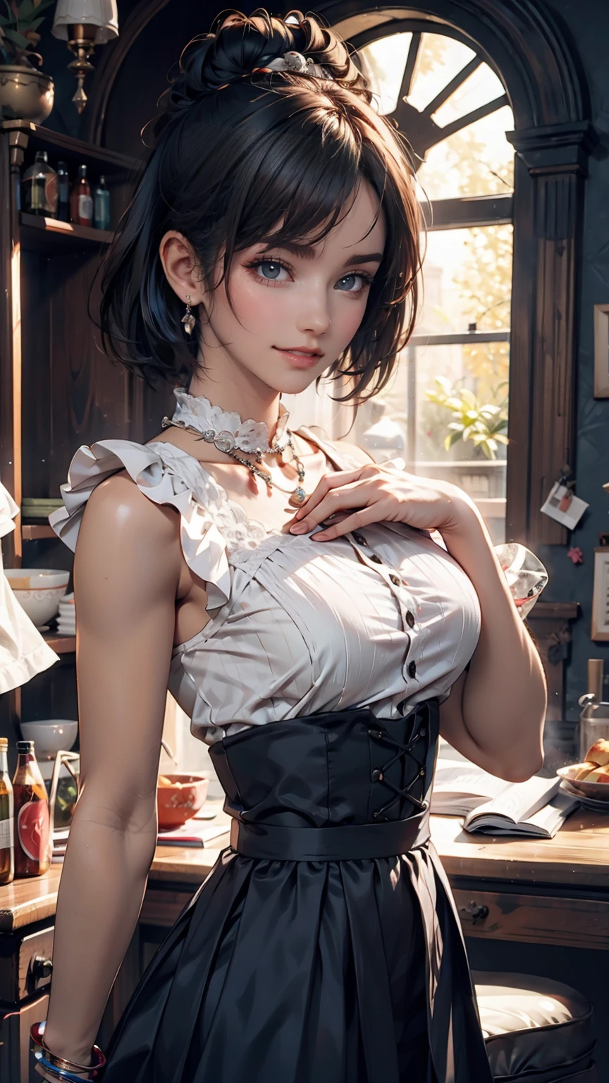 highly detailed, 8k, masterpiece, One person, Blue frills_hair_tube, dress, bend_that&#39;s all , Grin, (perfection_face), Sitting, machine, Brilliant, Complex, Dramatic lighting, 4K, detailed_background, Caustics, full_body, (Surreal:1.3), bloom,(Beautiful lighting:1.3), Caustics, Dynamic Lighting, Beautiful lighting,  