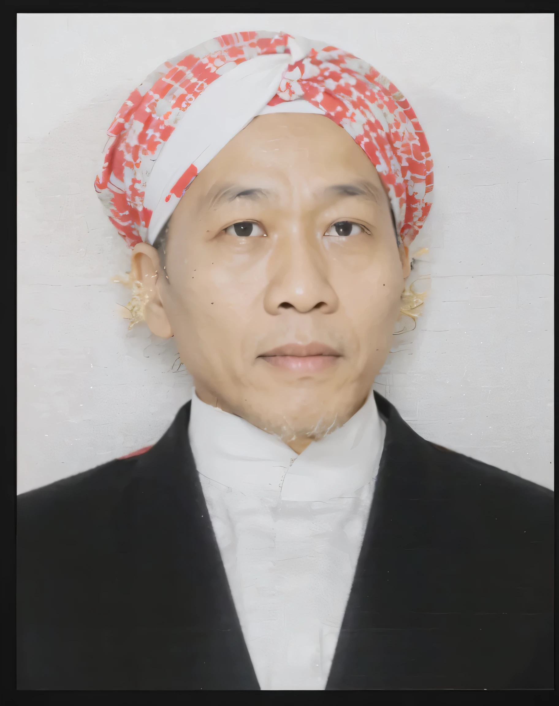 An Indonesian cleric wears a red and white turban 