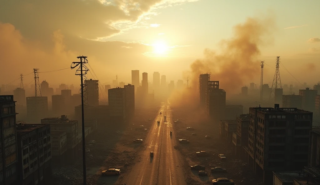 A striking aerial view of a post-apocalyptic cityscape, desaturated and low contrast, with a cinematic feel. The city lies in ruins after a nuclear blast, with crumbling buildings and abandoned vehicles scattered throughout. A few trees stand charred and broken, while a hazy, dusty atmosphere shrouds the entire scene. The sun shines weakly through the clouds, casting a pale light on the scorched earth. The overall ambiance is one of heat, drought, and desolation, as if time has frozen in the wake of the disaster., cinematic