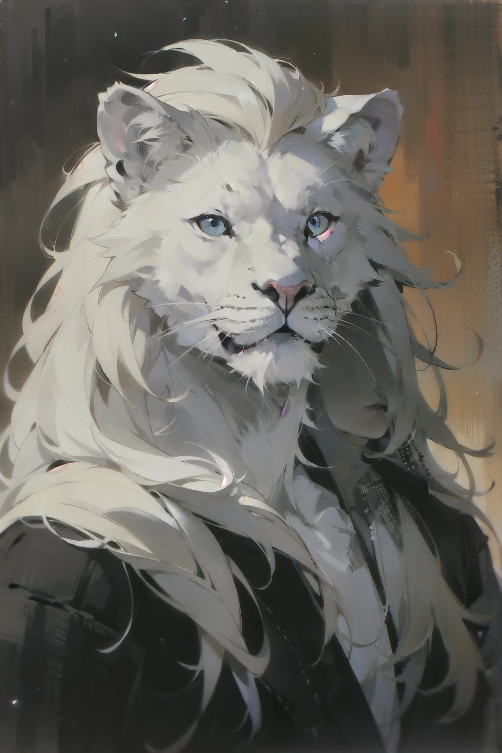 Furry, white lion, Blue eyes, shoulder length portrait