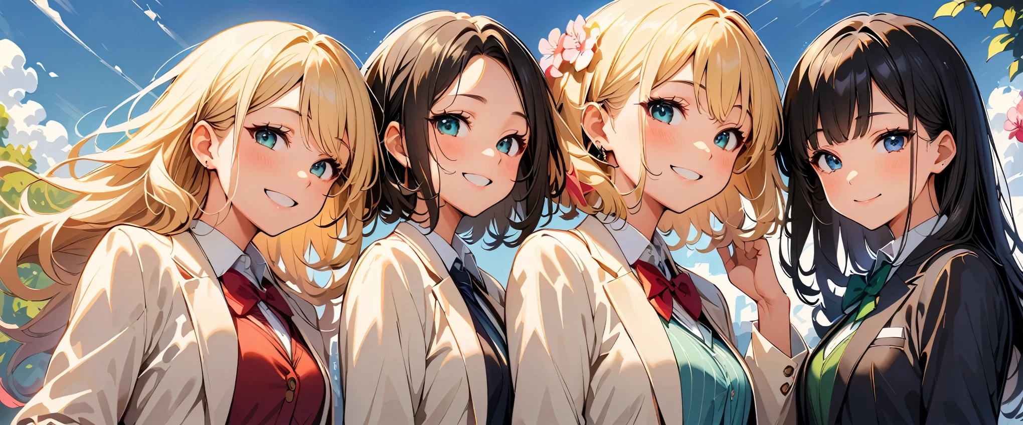 (Highest quality:1.2, Very detailed, up to date, Vibrant, Ultra-high resolution, High Contrast, masterpiece:1.2, Best aesthetics), (((4 people, beautiful girl))), super beautiful, 4 peopleの女子校生, colorful, elegant, Portraiture, high school girl, blazer, A memorable group photo, got in line, Cute pose, Light-colored clothing, Beautiful attention to detail, 4 people別々Hairstyles, Fun Expressions, Sunny outdoor scenery, Blooming Flowers, green,  Soft natural light, Bright smile, Friendship, Carefree atmosphere, Pleasant memories。