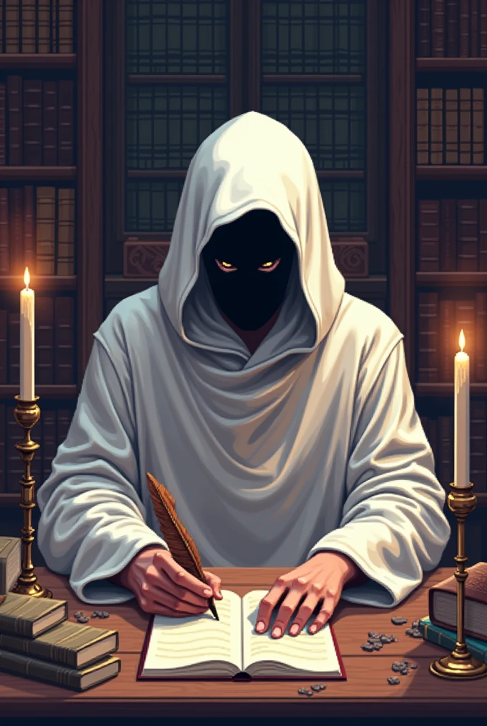 Make a man in white clothes, with only his eyes showing, writing in his library with a quill in his hand. Make it in pixel ART