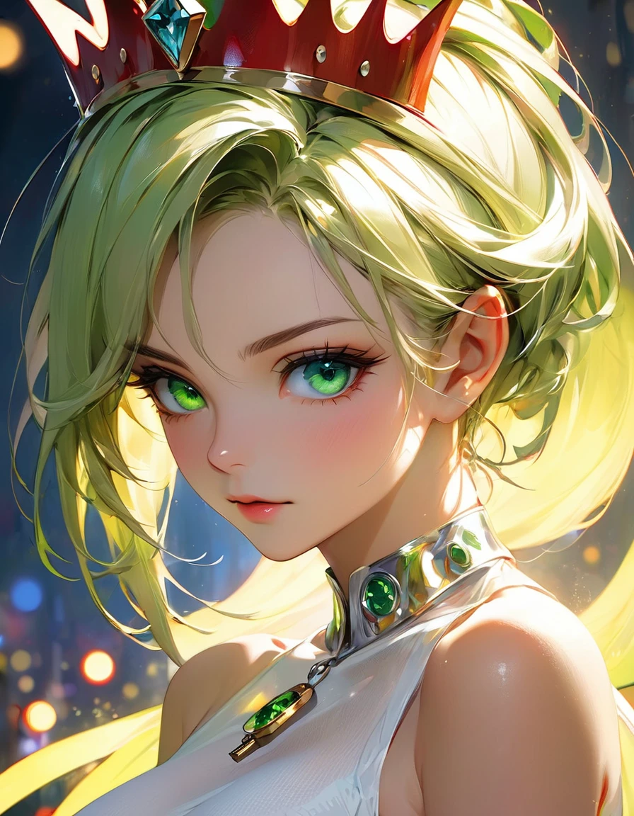 estilo filme dos horrores neon verde espalhado em torno concept art by Pino Daeni, Jeremy Mann, Greg Rutkowski, Konstantin Razumov, Vladimir Volegov Realistic closeup portrait of a model 4k beautiful vegeta sexy Sensual soft ONLY green diamond eyes orange and gold spirit, red threads, key light reflected in the eyes, red crown on the head, painted background, studio portrait, soft light, bezel lighting, shimmer in the eyes, bokeh background, picturesque, buff painting, (detailed faces:1. 3), (Detailed Eyes:1.3 8K,