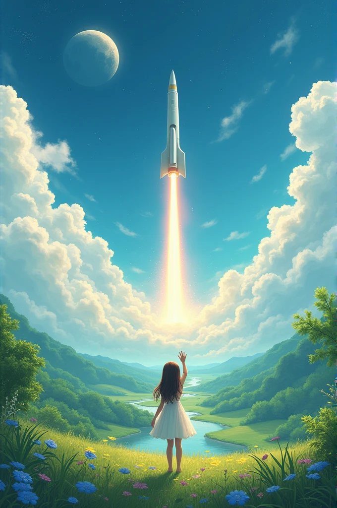 Earth with full greenary a rocket launched above the rocket a girl standing while touching the moon 