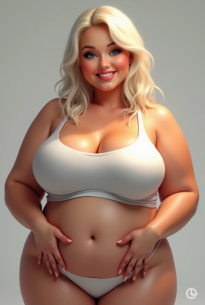 (((alena aenami))), (platinum blond hair), ((Portrait)), Beautiful Face, Smiling, Chubby Woman, wearing a tight tanktop, gigantic round breasts, --ar 9:16,