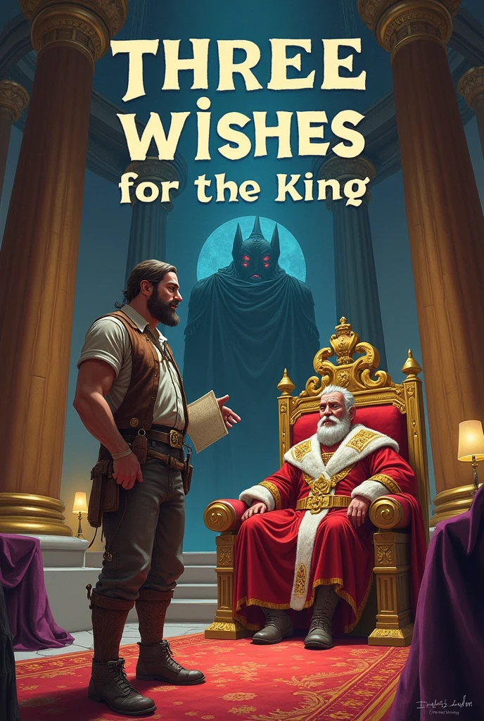 Use an image of a grand throne room or palace interior. Ensure the setting is opulent with rich colors and detailed architecture.Foreground:Lumberjack: Position a figure in simple, worn clothing in the center or slightly to one side. The lumberjack should have a confident stance, possibly pointing or holding a scroll.King: Place a regal figure on a throne or standing beside it. The king should be in elaborate attire, showing a mix of surprise and frustration.Additional Elements:Dungeon Entrance: Add a small, shadowy dungeon entrance in the background, hinting at the king’s imprisonment.Text Overlay: Use bold, clear text at the top or bottom of the image. The text should read: “Three Wishes for the King: A Test of Wisdom.”Style:Opt for bright, contrasting colors to make the characters and text stand out. Use a mix of traditional and modern design elements to keep it engaging.