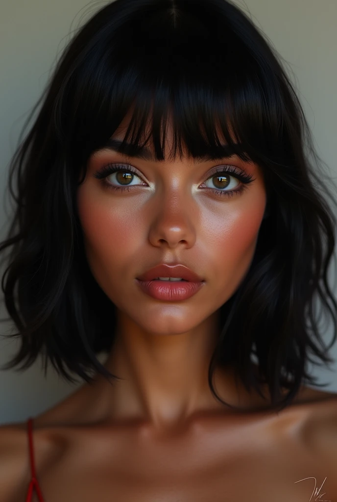 shoulder length hair and bangs above the eyebrow black color brown skin color