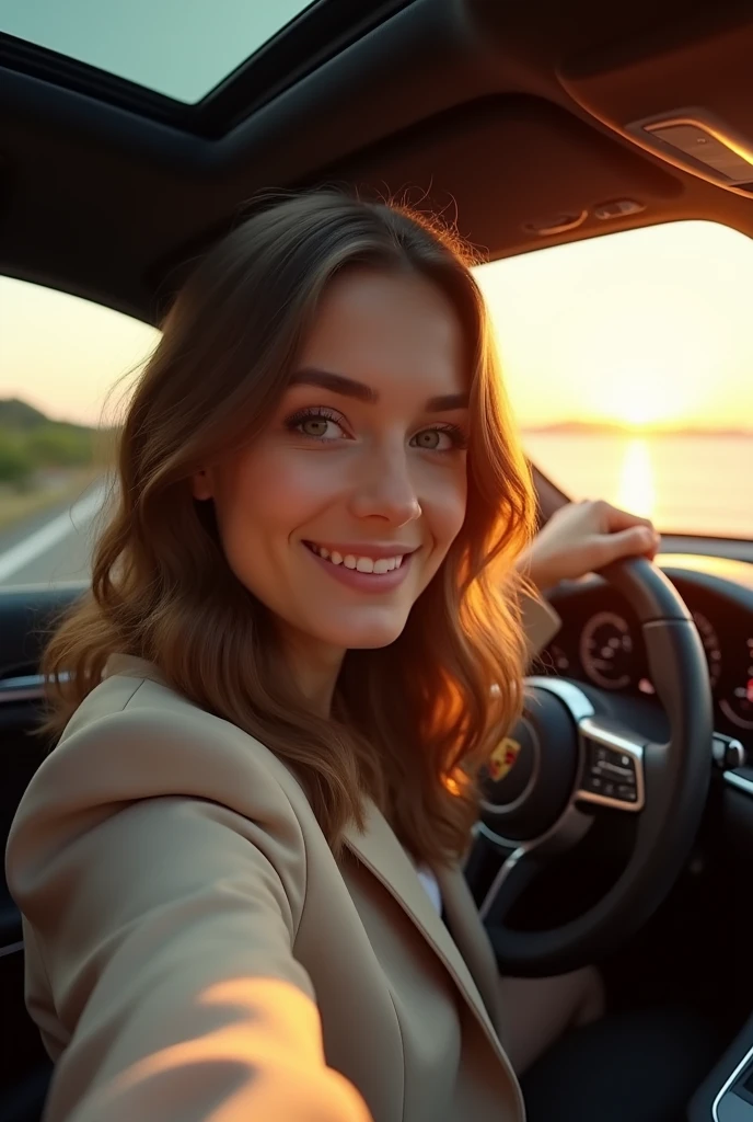 Hyper-realistic selfie of a young woman (30years) with wavy brown hair and green eyes, wearing a stylish blazer, inside a Porsche Panamera S Turbo E-Hybrid. Camera angle 3/4, capturing his confident smile as his left hand rests on the leather steering wheel. The luxurious interior of the car is highlighted, with a focus on the high-tech instrument panel and panoramic sunroof. The golden sunset light shines through the windows, creating a warm glow inside. Through the windshield, you can see a stunning coastal road. photography hight quality, Sharp, with vibrant colors and balanced contrast.